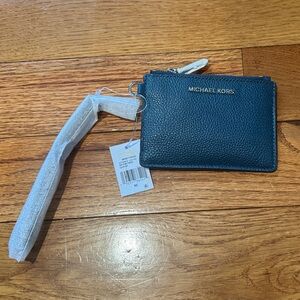 Michael Kors Luxe Teal Pebbled Leather Zip Wristlet Card Holder with Gold Logo